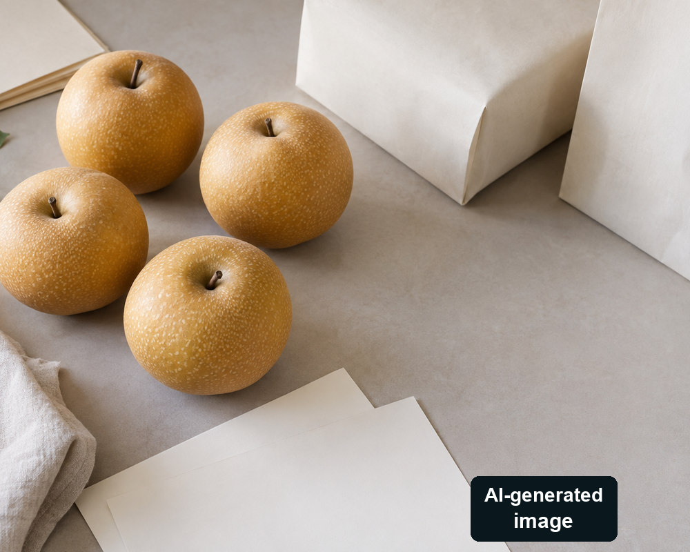 AI-generated staged round Asian pears beside blank paper-packaging mockups; not an actual design or tested construction