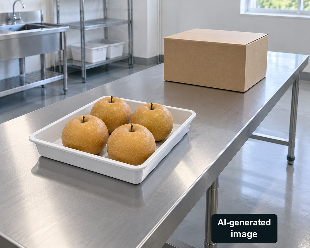 AI-generated round Asian pears in a tray on a raised packing table beside a closed blank carton; not an actual shipment, transport test or export arrival