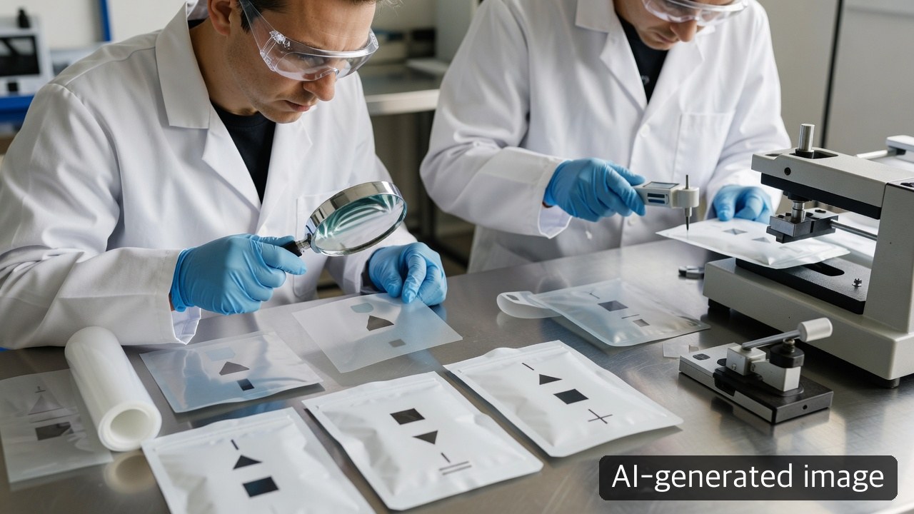 Illustrative quality review of laser-marked flexible samples, with preparation for sealing and rub testing