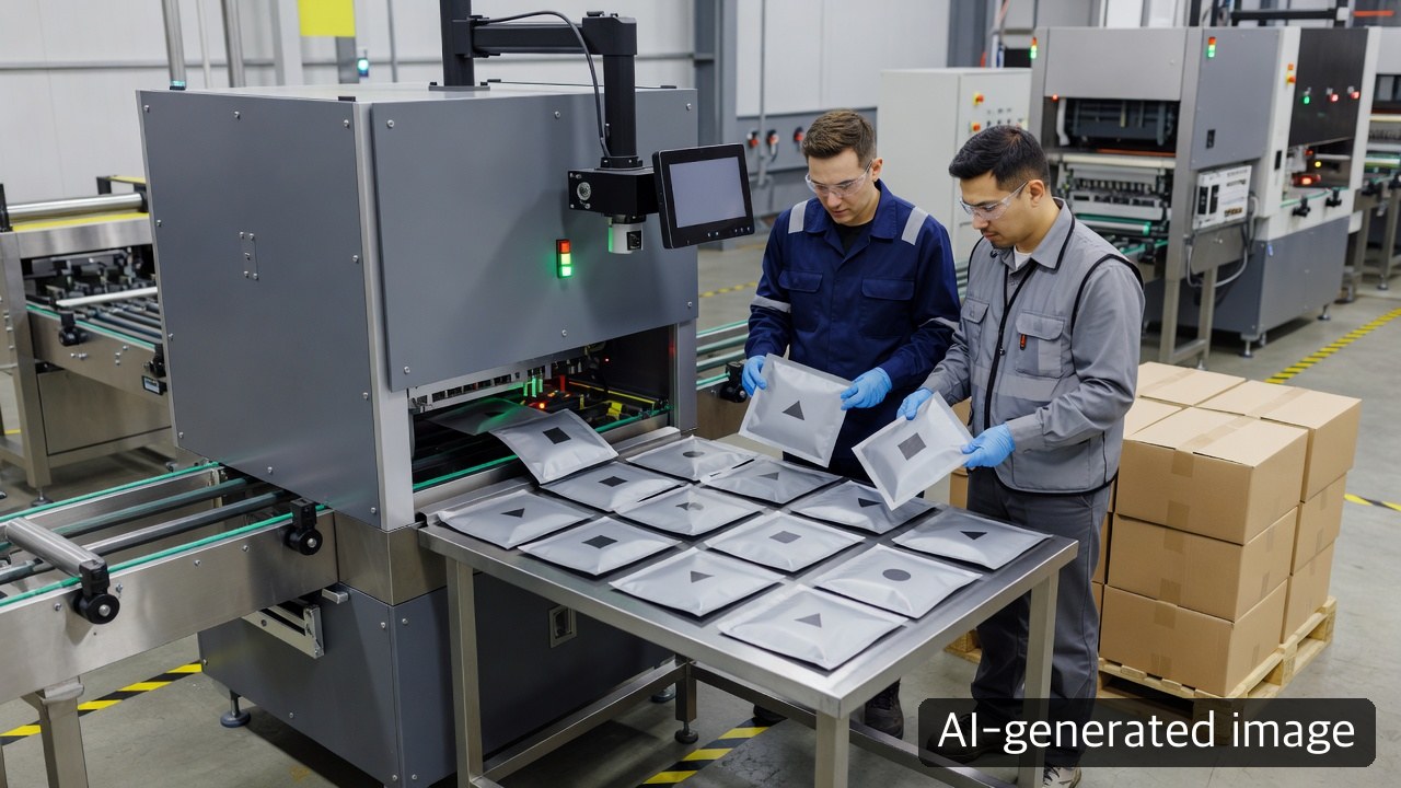 Illustrative safe inspection of finished pouches and BIB outer-pack compatibility while the enclosed laser-marking line is stopped