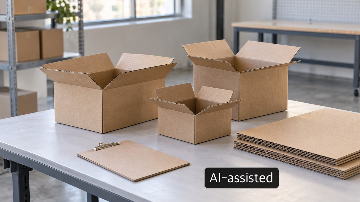 AI-assisted concept showing empty corrugated boxes and a blank clipboard on a workbench; Not a certified dangerous-goods package or a real shipment.