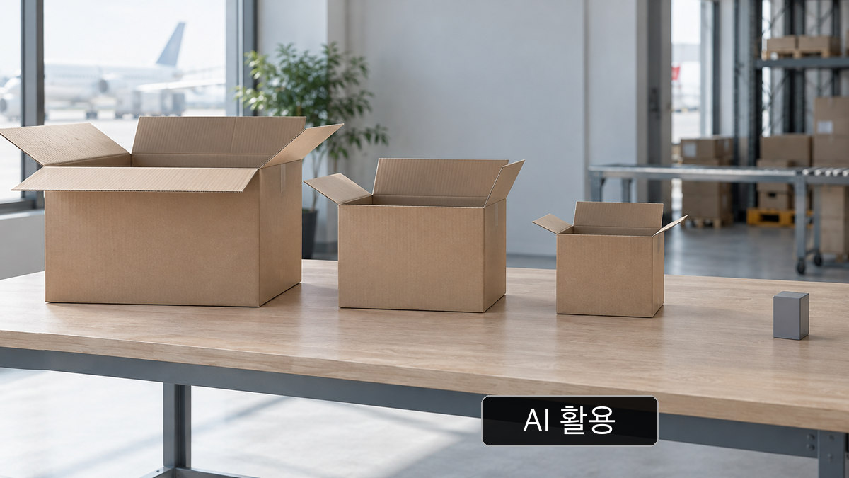 AI 활용 개념 이미지: 다양한 크기의 빈 상자; 리튬 배터리 포장 적합성·발송 승인을 입증하지 않음