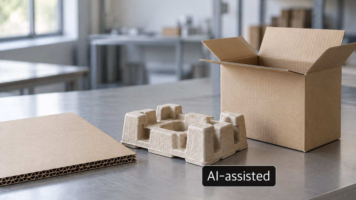 AI-assisted conceptual image: empty carton, cushioning insert and corrugated sheet; not evidence of battery-packing compliance or shipment approval