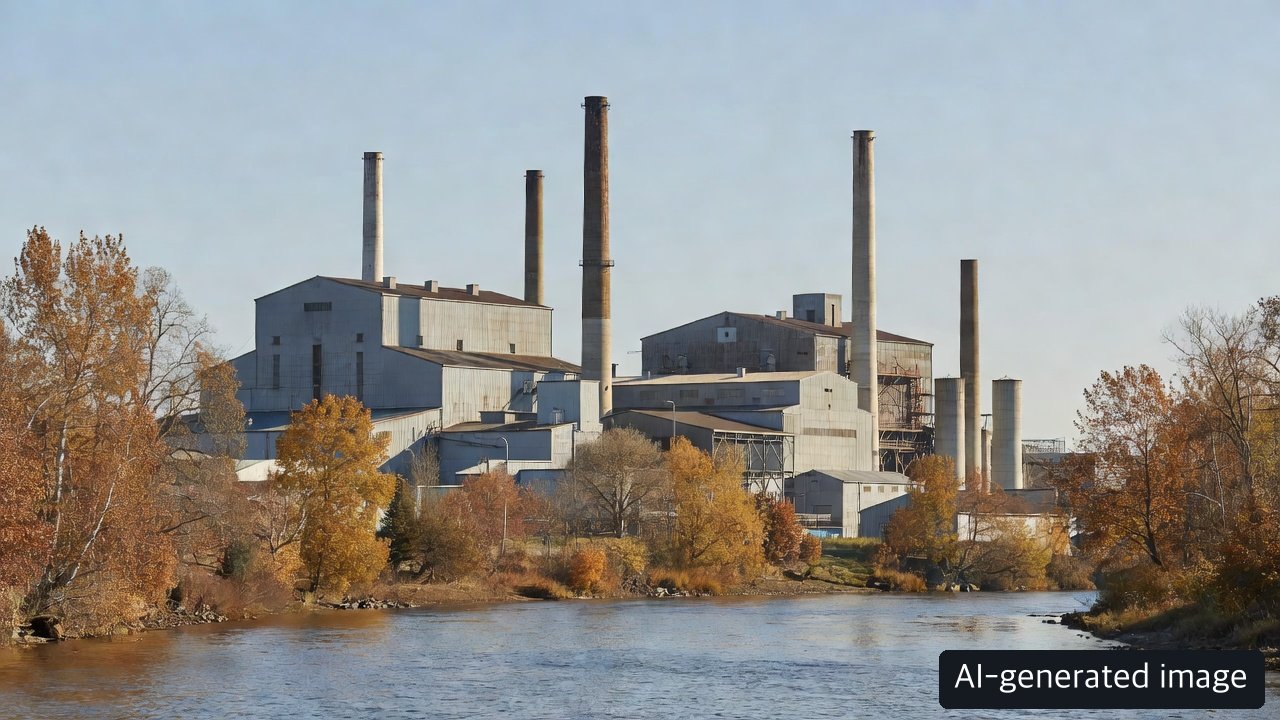 AI-generated conceptual scene of a generic riverside paper mill; not a photograph of the Longview incident or evidence of its present operations