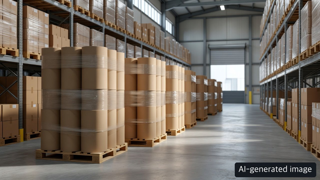 AI-generated concept of generic paper rolls in warehouse storage; not Nippon Dynawave inventory or a photograph of actual shipments