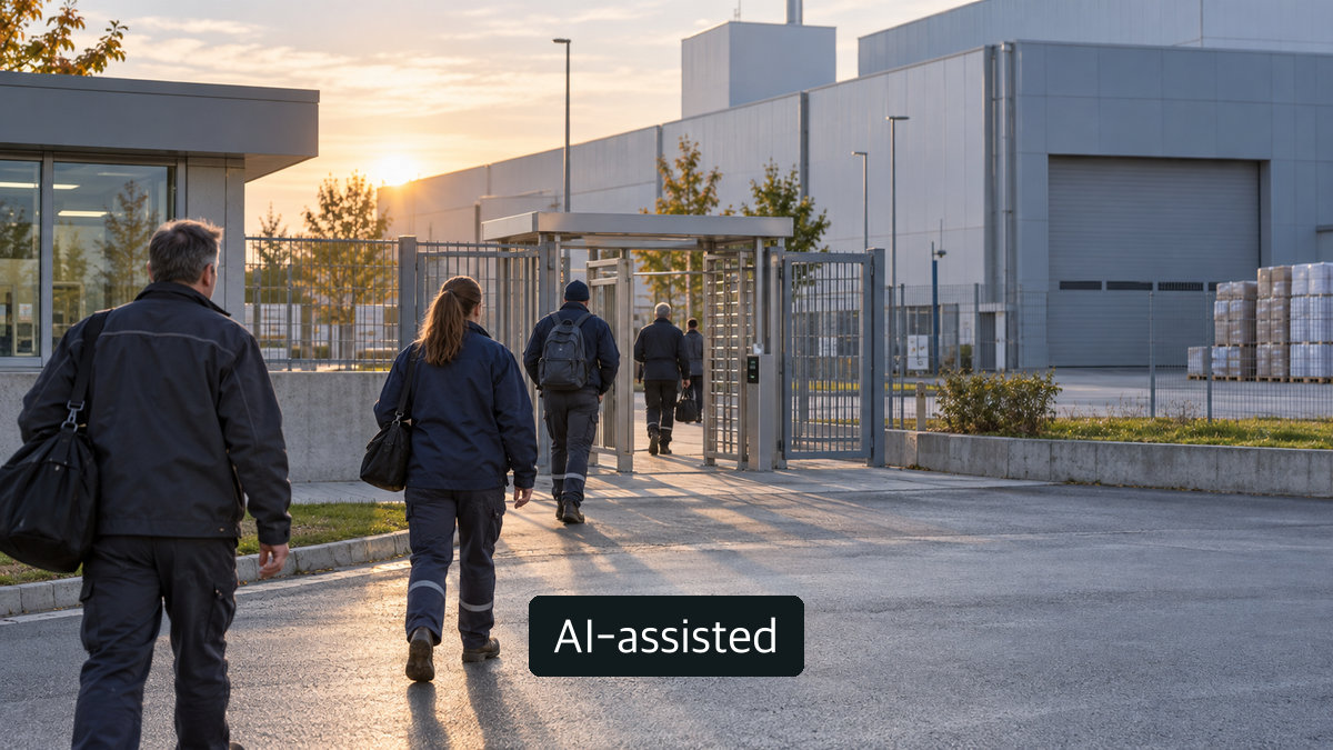 AI-generated conceptual image of people arriving at an anonymous paper mill; not the actual Nippon Dynawave site or incident