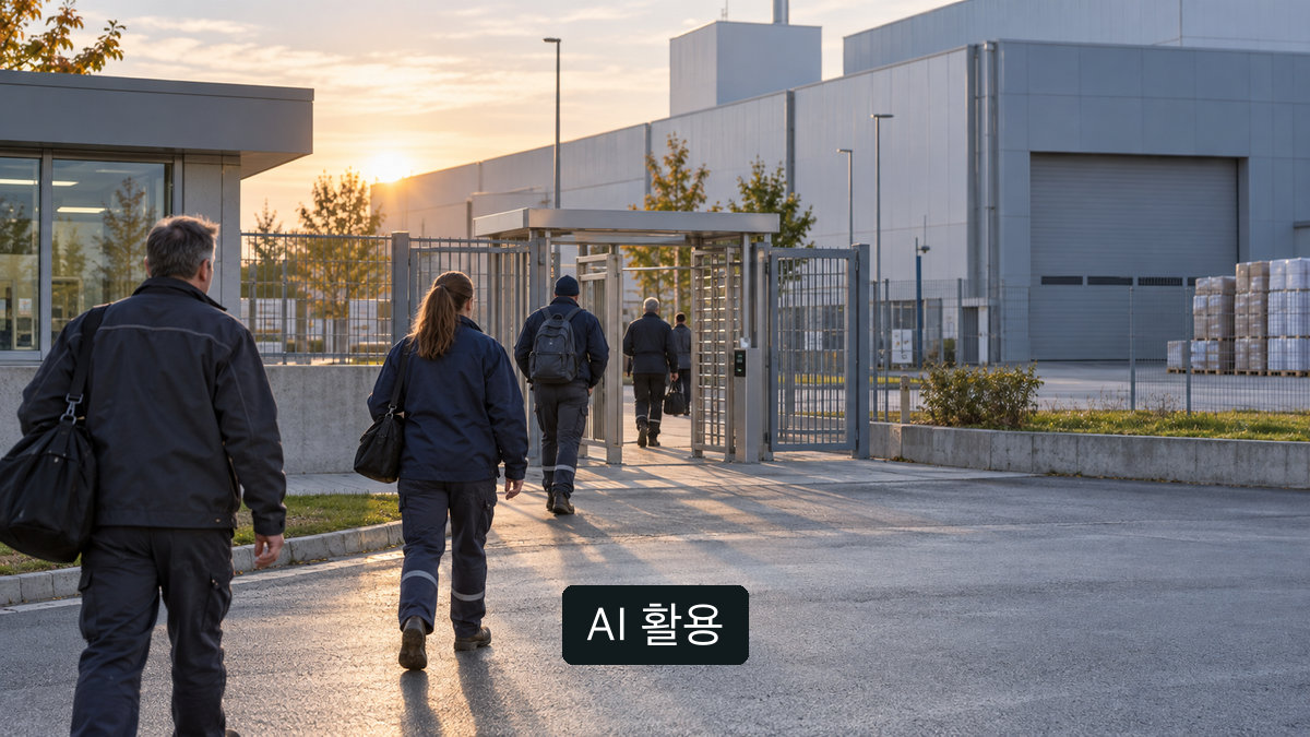 AI 생성 개념 이미지: 일반 제지공장 외부로 출근하는 사람들. Nippon Dynawave 실제 현장이나 사고 사진은 아님