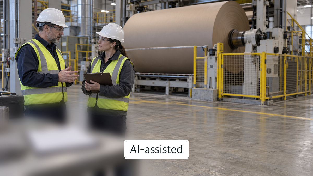 AI-generated conceptual image of generic paper-mill staff discussing a checklist beside idle equipment; not the incident site or evidence of a Nippon Dynawave restart