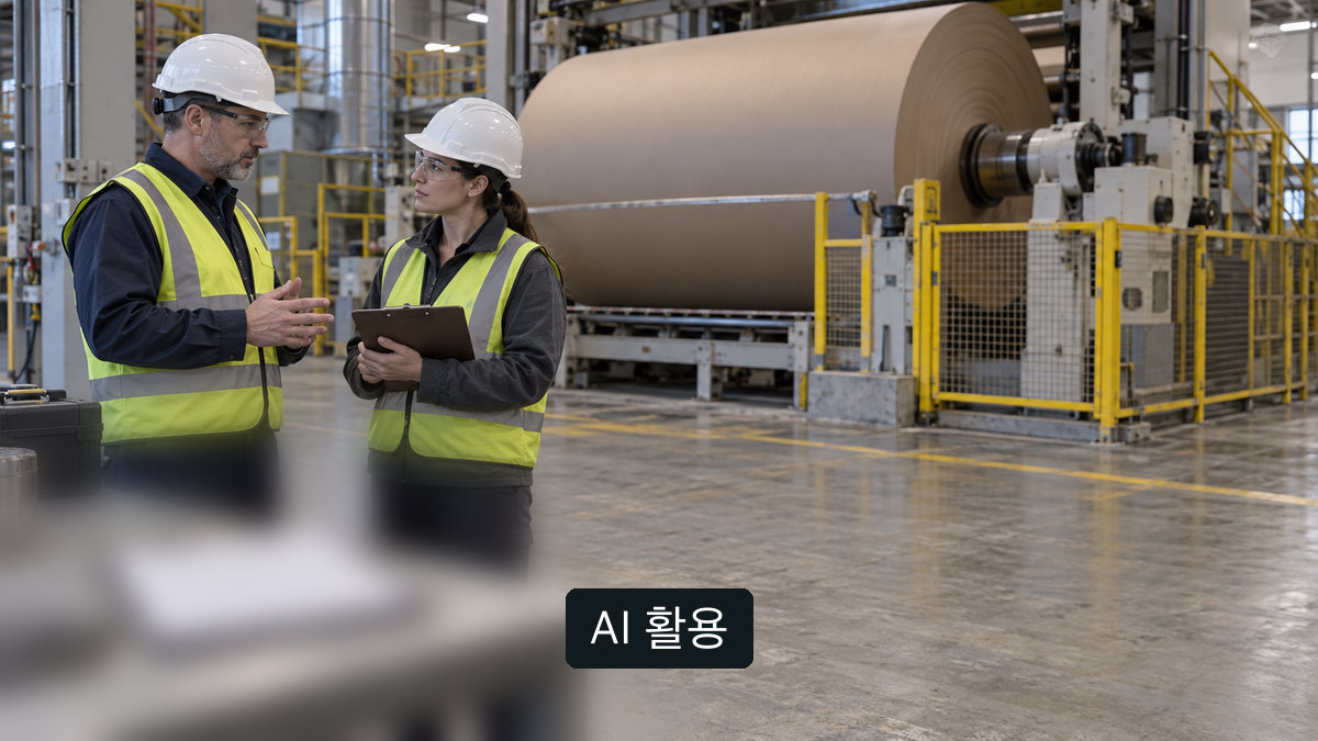 AI 생성 개념 이미지: 일반 제지공장 작업자가 정지된 설비 앞에서 확인 자료를 논의하는 모습; 실제 사고 현장이나 Nippon Dynawave의 재가동 증거가 아님