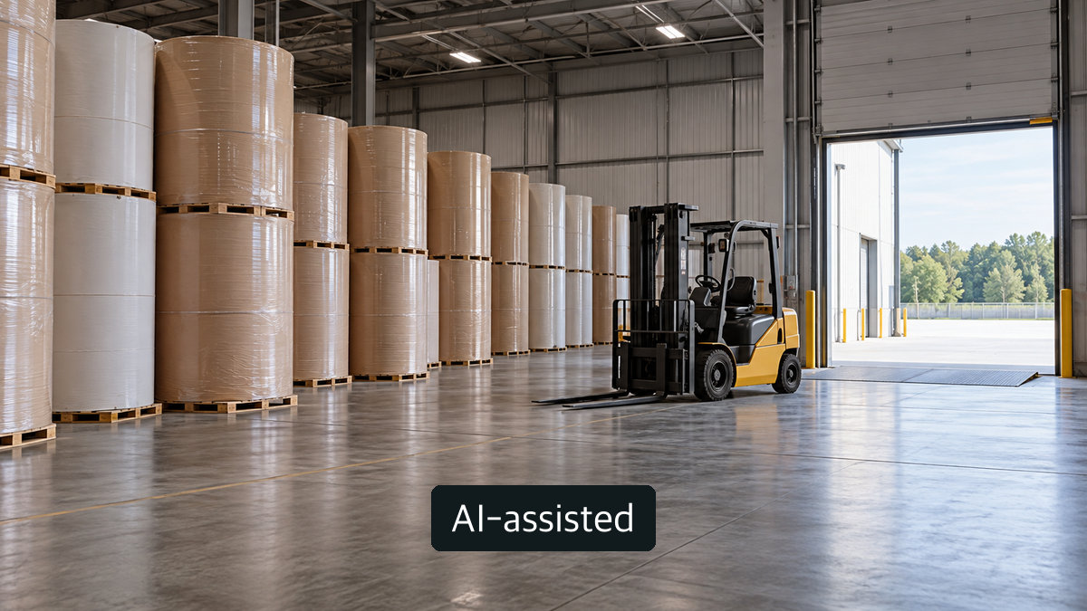 AI-generated conceptual image of an anonymous paper-roll warehouse and empty loading area; not Longview inventory or actual shipments
