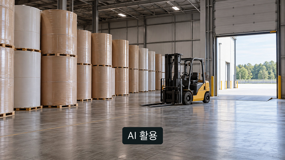 AI 생성 개념 이미지: 일반 종이 롤 창고와 빈 적재 구역. 실제 롱뷰 공장의 재고·출하 장면이 아님
