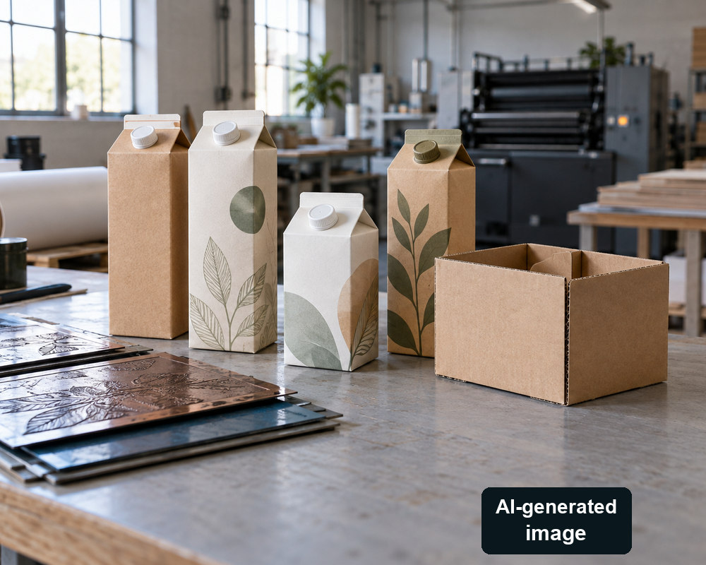 AI-generated generic decorated carton mockups and paperboard boxes in a print workshop; contents and certification are unverified, and these are not actual supported packages