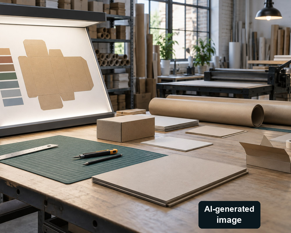 AI-generated conceptual unmarked carton samples at a print workstation; not approved certification artwork
