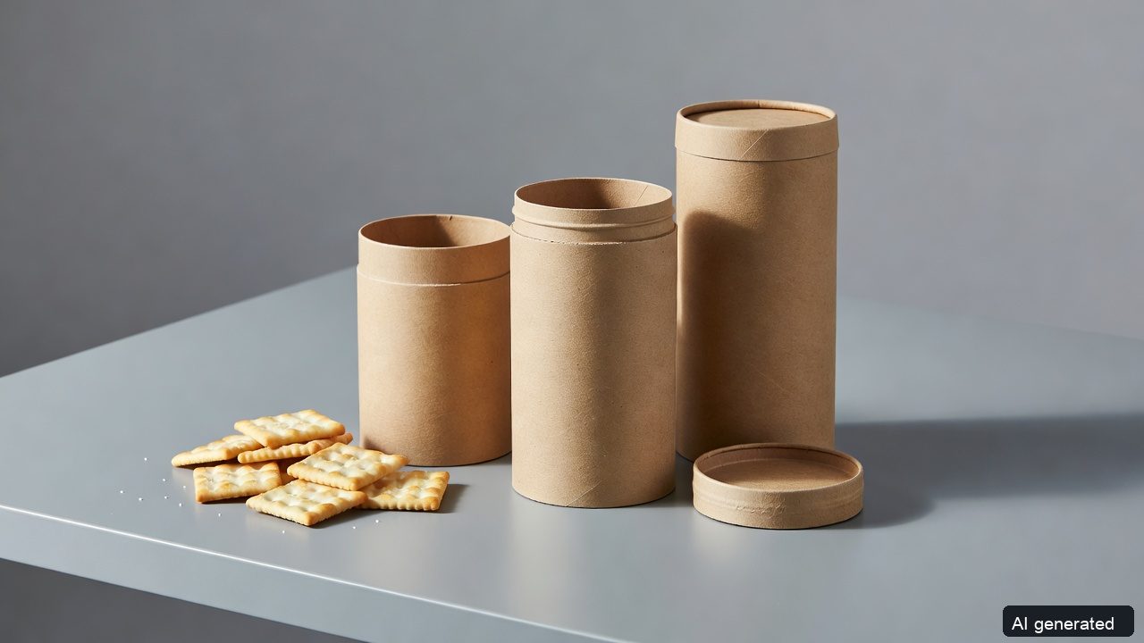 AI-generated illustration of unbranded paperboard canisters and generic crackers, not a photograph of the Mars or Sonoco product