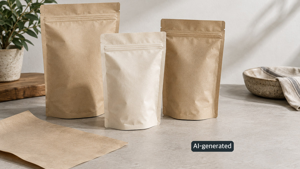 Conceptual worktable scene of three plain paper-look pouches and a flat material swatch; not Masterpress products.