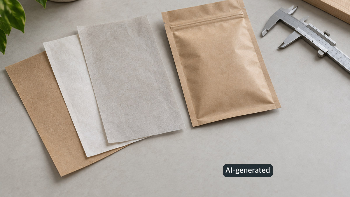 Conceptual worktable still life of plain paper-look material swatches and a generic pouch; no test result is shown.