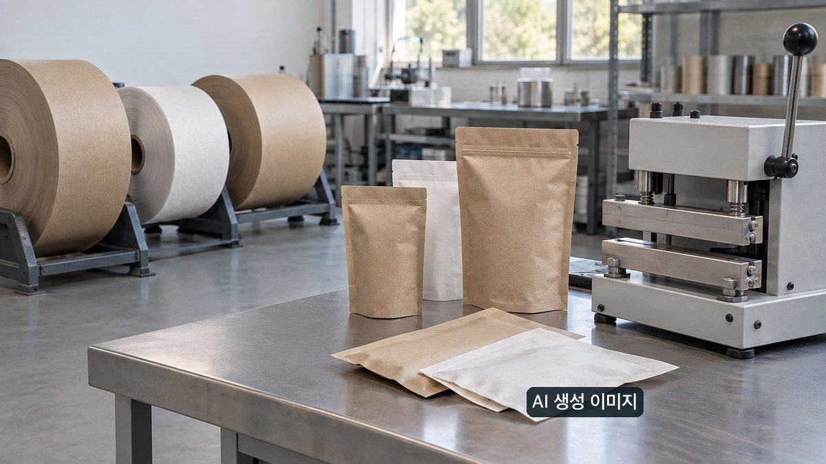 작업대에 놓인 무지 파우치 시편과 소형 실링기, 소재 롤의 개념 장면. 실제 설비 출력물은 아니다.