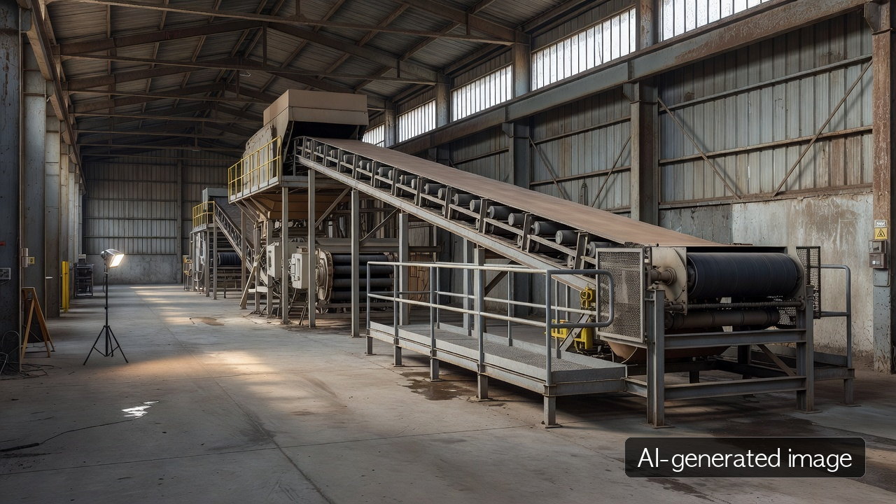 AI-generated illustrative view of a safety inspection after a pulp-conveyor fire response at a paper mill