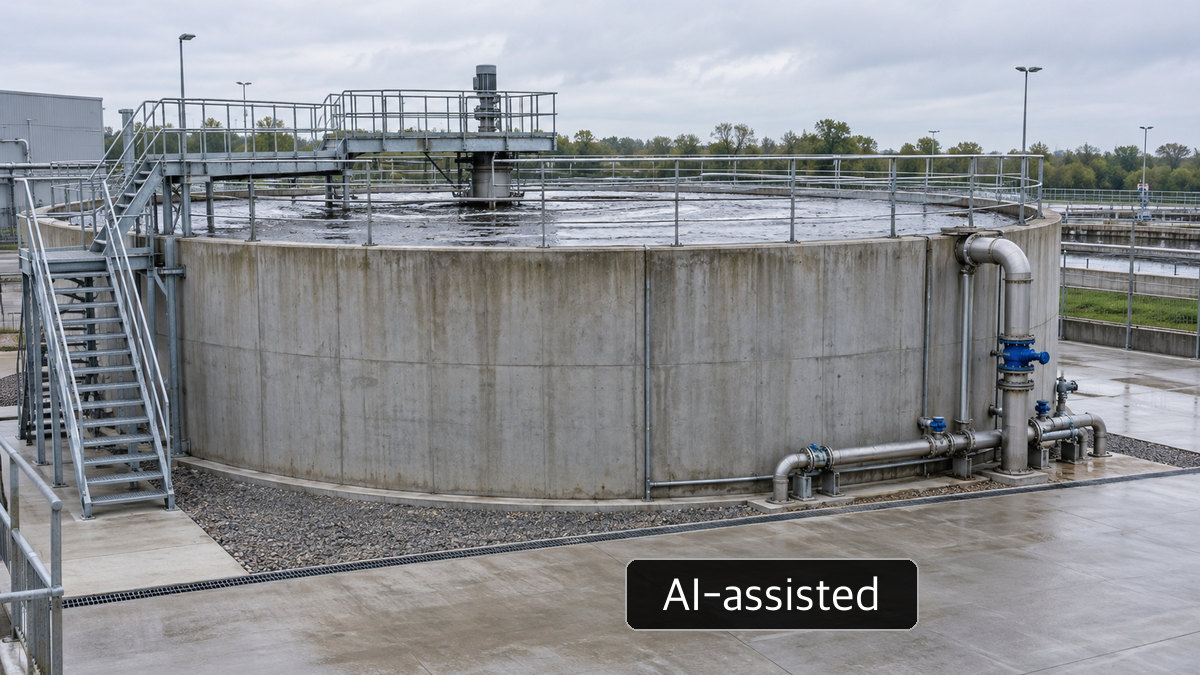 AI-generated conceptual image: Generic industrial wastewater treatment tank with pipework and railings; not the Mercer Rosenthal facility