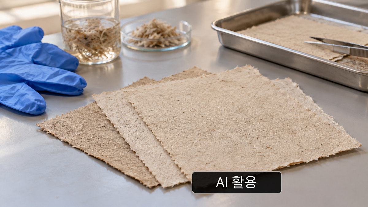 AI 생성 개념 이미지: 작업대 위의 무표기 크라프트 펄프 시트 시편; Mercer의 생산·출하 재개 증거가 아님