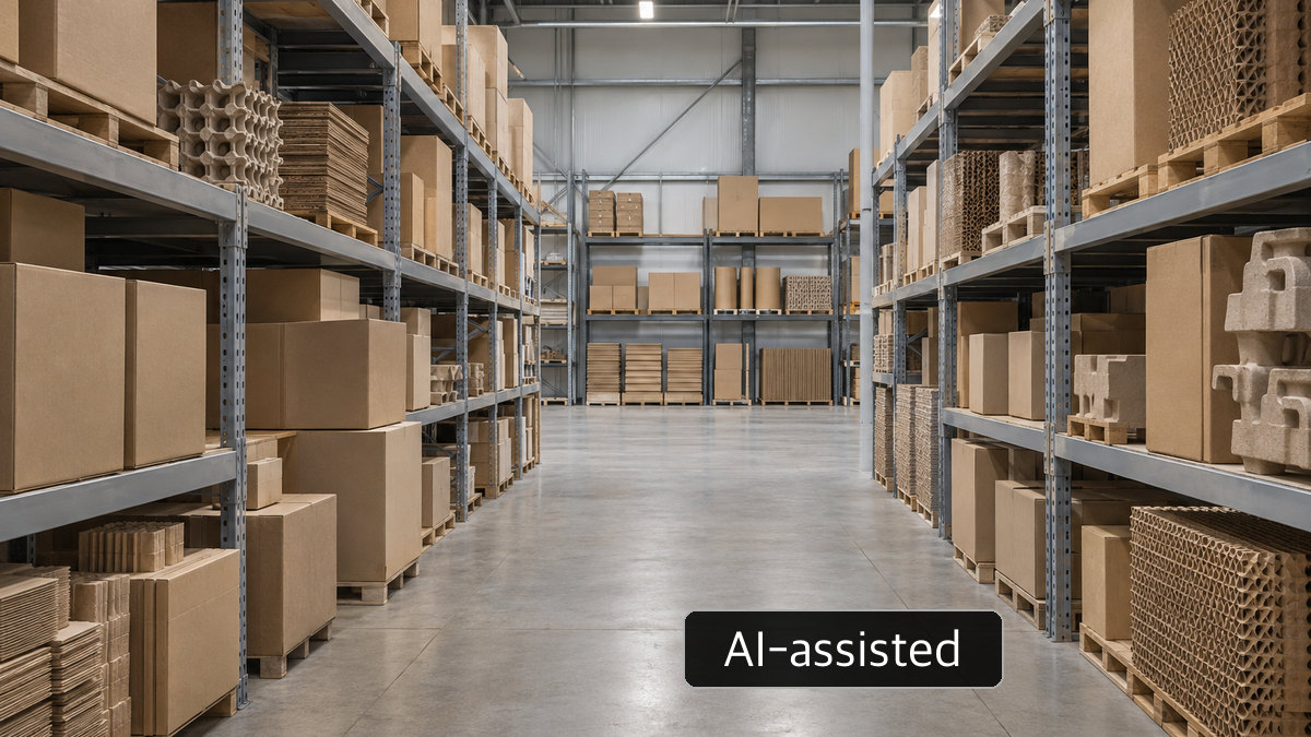 AI-generated conceptual image of unmarked cartons and protective packaging components in a generic warehouse; not a Millcraft or P3 facility