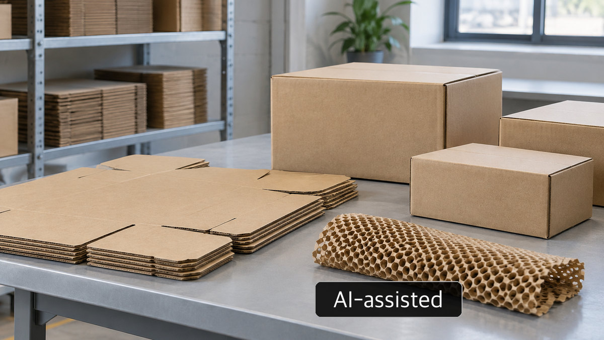 AI-generated conceptual image of generic corrugated cushioning and honeycomb kraft components on an assembly table; not P3&rsquo;s operation or an approved packaging specification