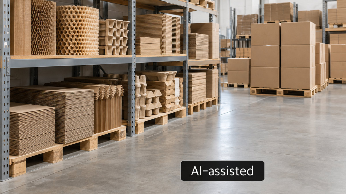AI-generated conceptual image of generic shelving with protective packaging materials; not a P3 facility or a live inventory record