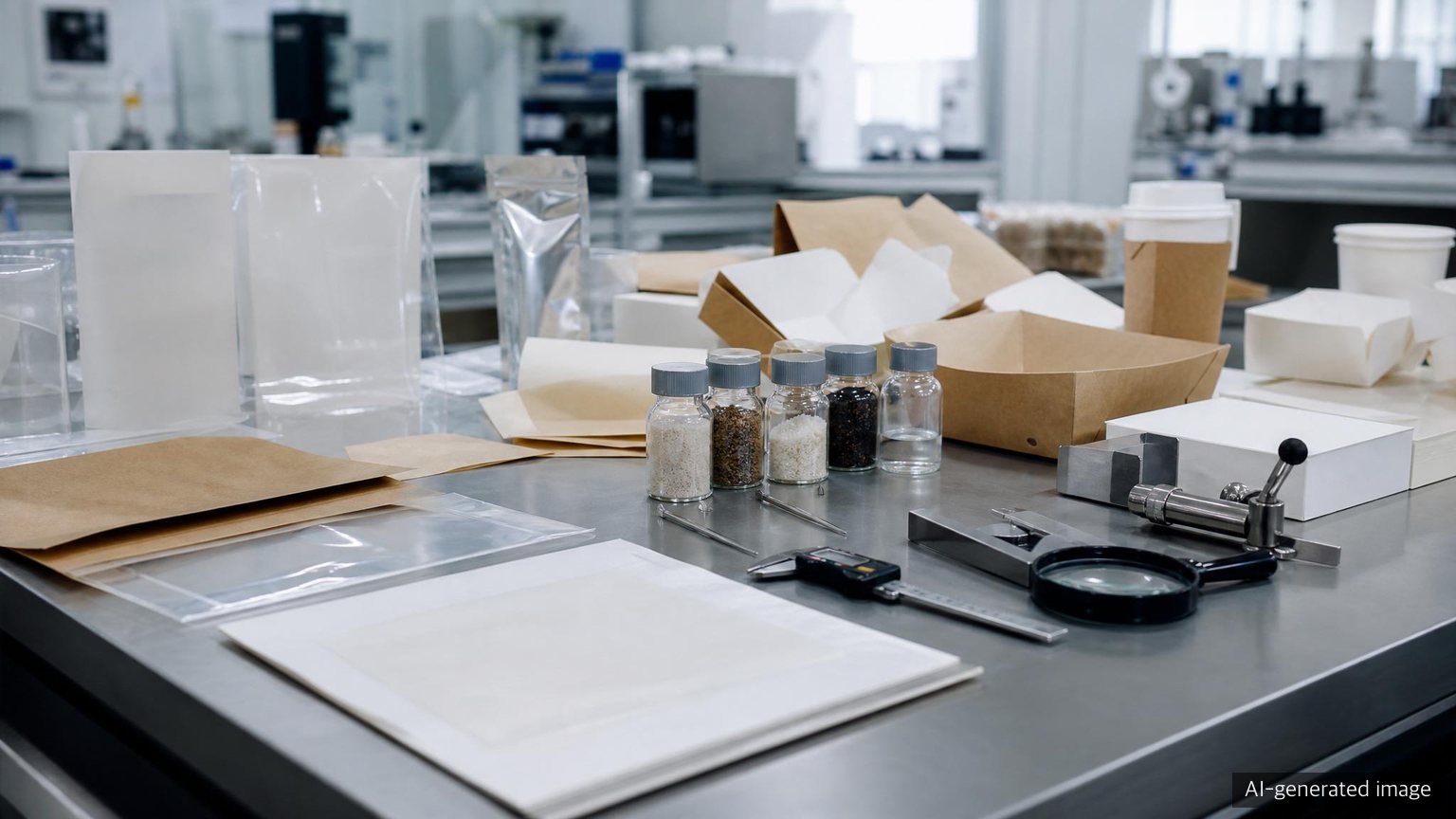 Paper food packaging samples and quality documents on a worktable