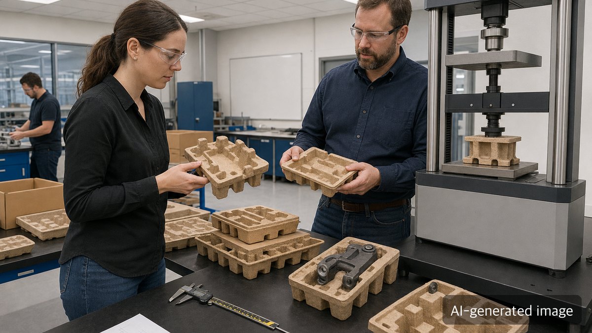 Molded fiber cushioning samples and strength test equipment in a packaging R&D lab