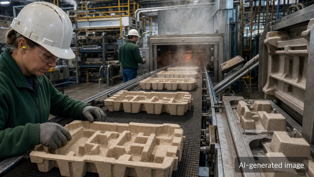 Packaging engineers reviewing molded fiber cushioning samples and quality test equipment
