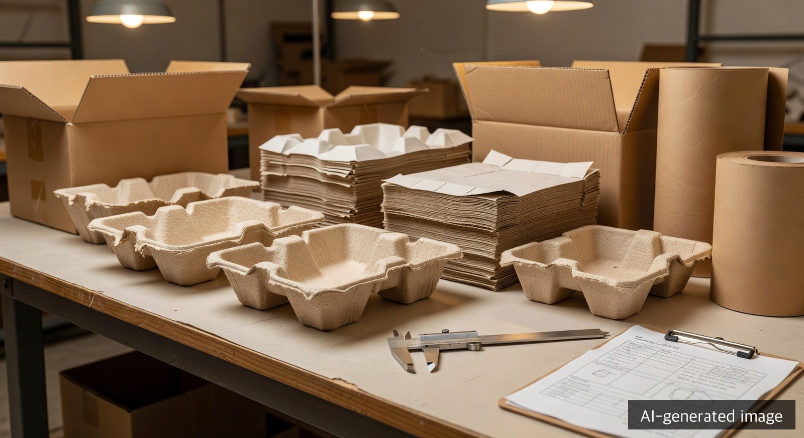 Molded pulp cushioning trays and paper-based protective packaging samples on a factory workbench