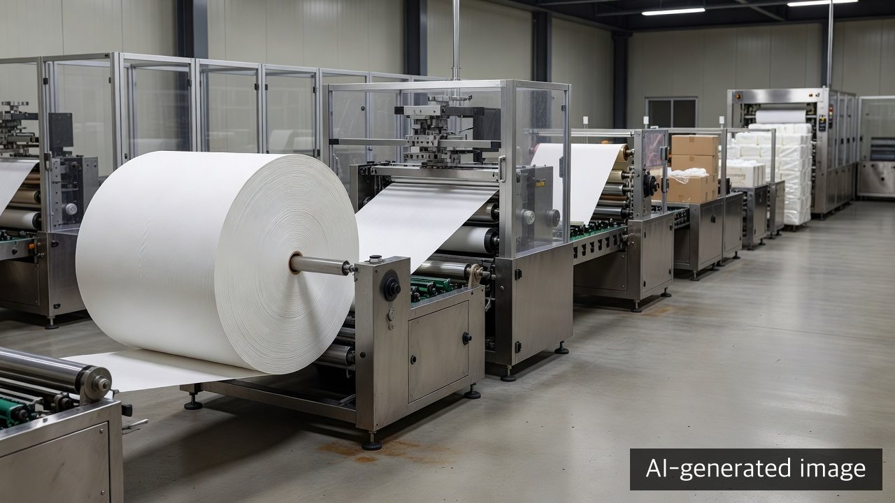 A generic automated tissue-converting line carrying a wide web from a jumbo roll into embossing and rewinding equipment — AI-generated image, not a photograph of Monalisa’s Nonsan plant