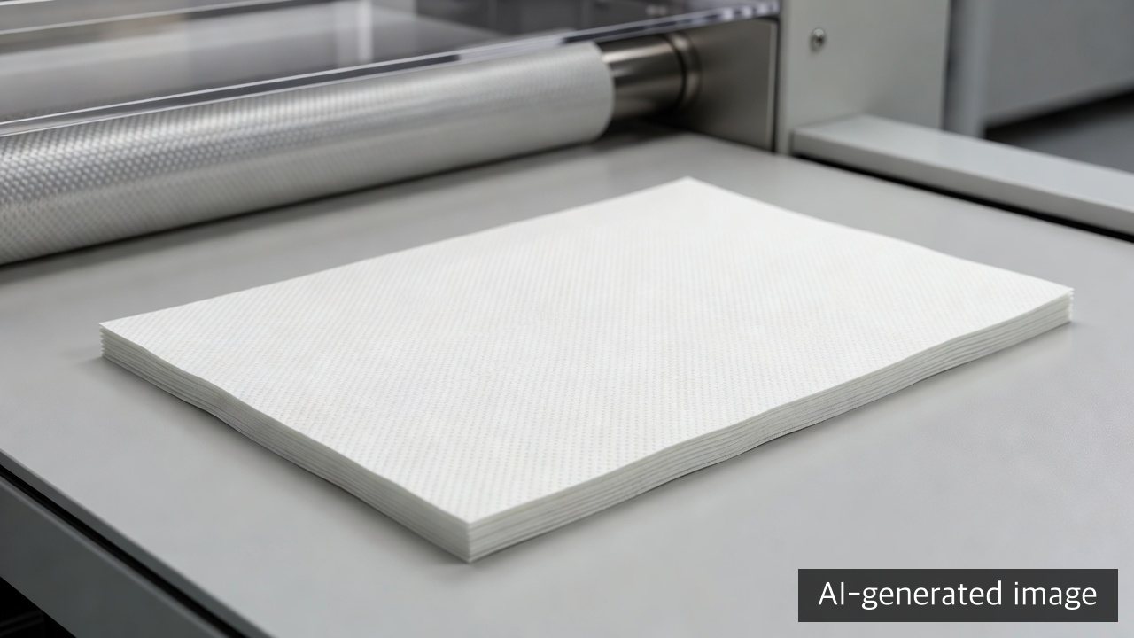 A generic quality-inspection station beside a stopped tissue-converting line, where fine emboss uniformity and four-ply alignment are being checked — AI-generated image, not a photograph of Monalisa’s Nonsan plant