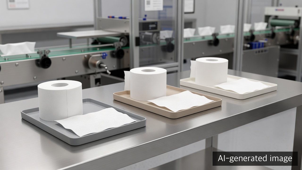 Generic retained samples from startup, steady running, and run end kept separately at a tissue-line quality station for the next monthly campaign — AI-generated image, not a photograph of Monalisa’s Nonsan plant