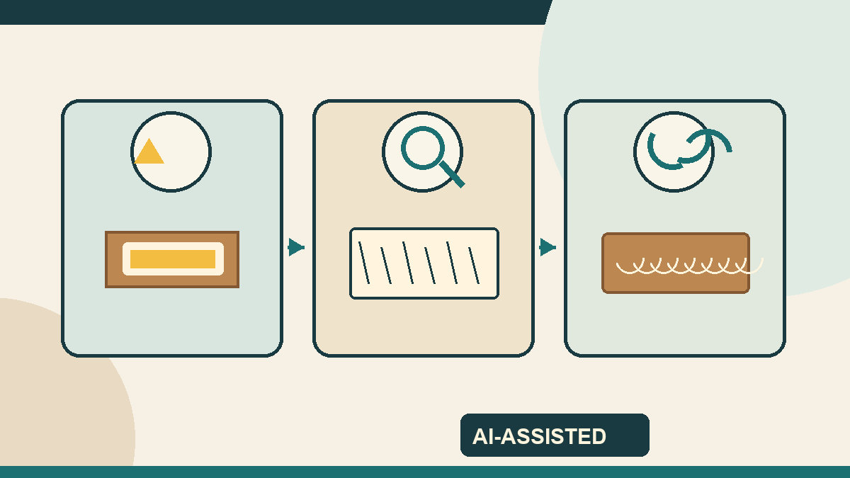 AI-assisted code-drawn concept showing print approval, barcode scan and fibre-recovery checks as separate gates