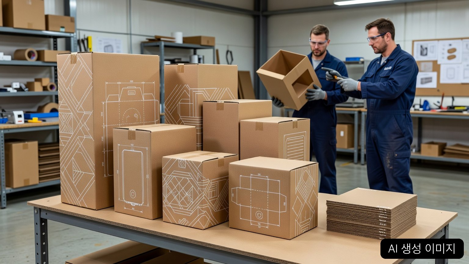 AI-generated image of a simplified family of corrugated packages for water heaters, not a photograph from Mondi or Stiebel Eltron