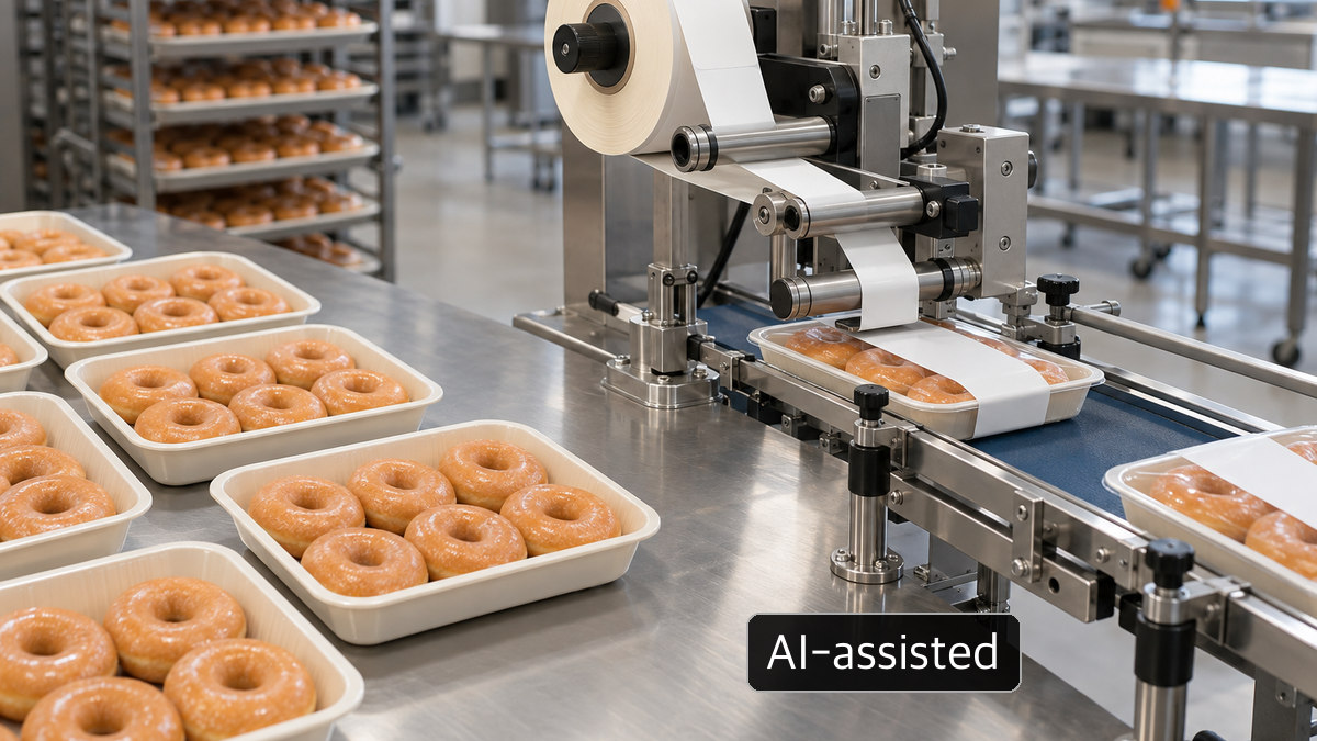 Conceptual doughnut trays alongside a conveyor and labelling device, not actual Mr Whippy equipment or packs