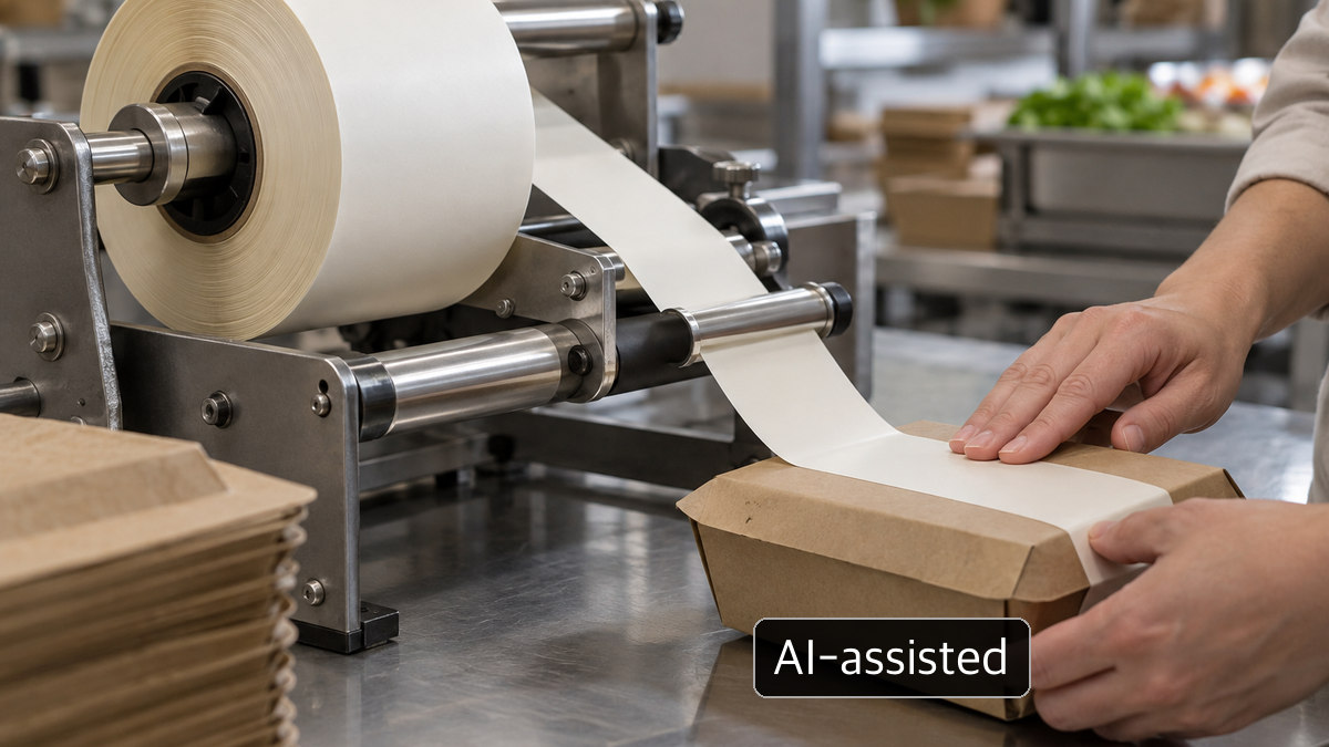 Generic blank-label roll and tray-shaped container labelling concept, not a documented production trial