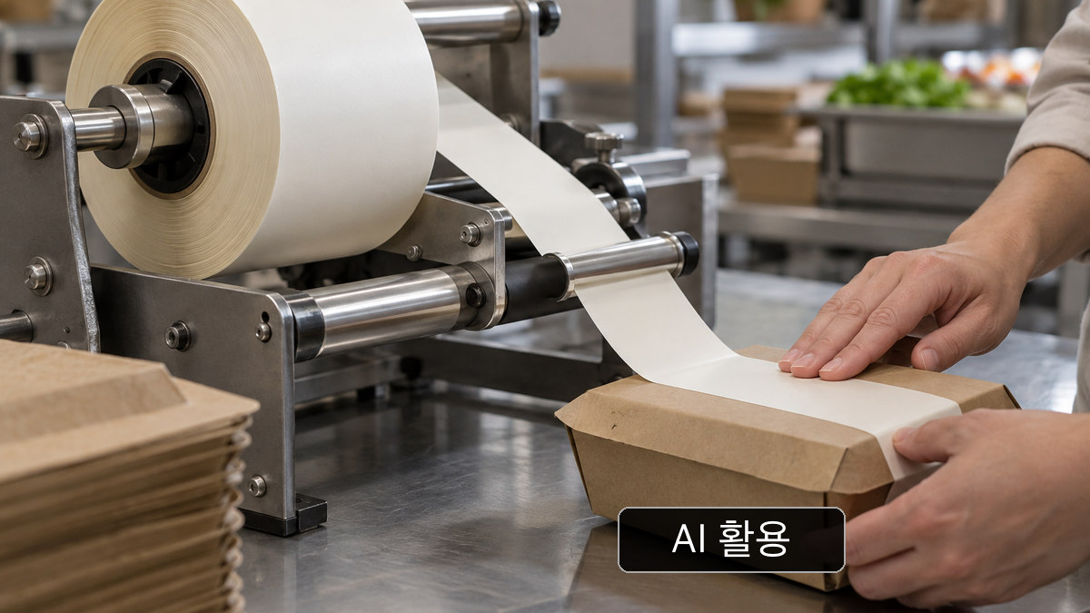 무표기 라벨 원지 롤과 일반 트레이형 용기의 라벨 부착 개념 장면. 실제 공정시험 장면이 아님