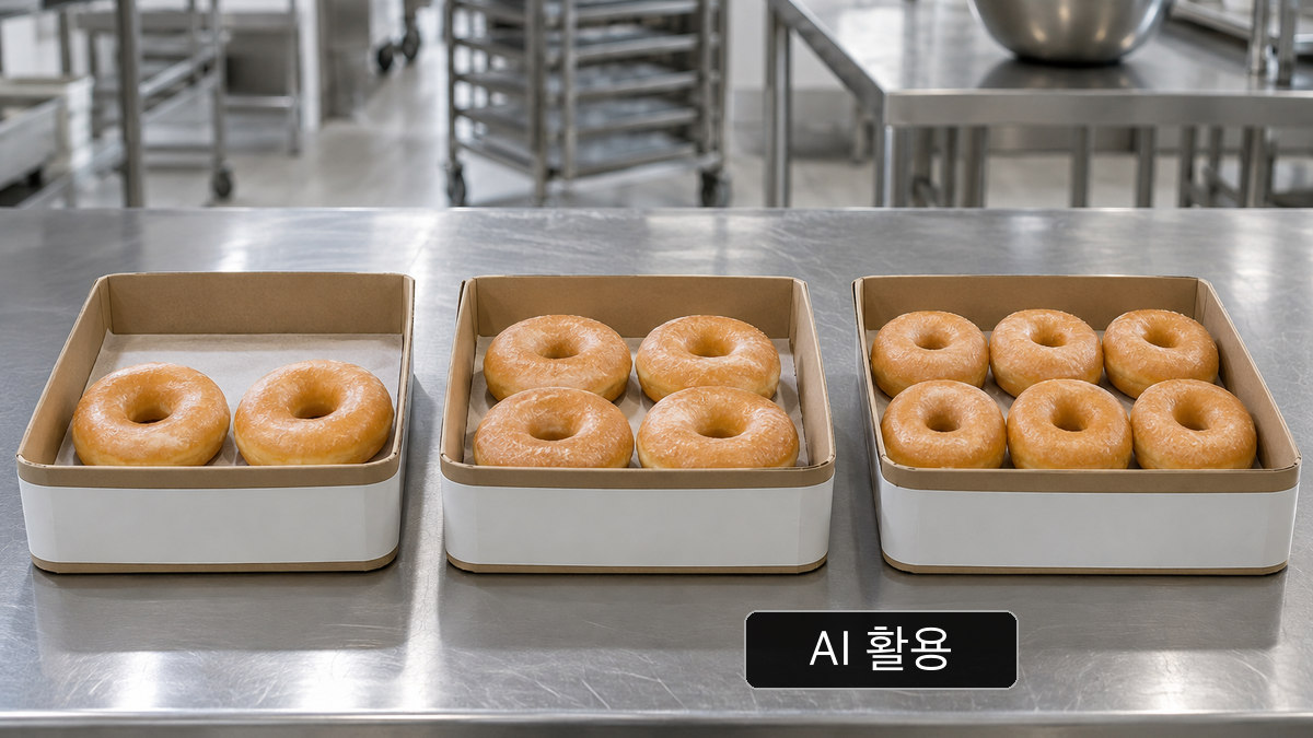 작업대 위 2개·4개·6개 도넛이 담긴 무표기 일반 트레이. Mr Whippy 실물 트레이가 아님