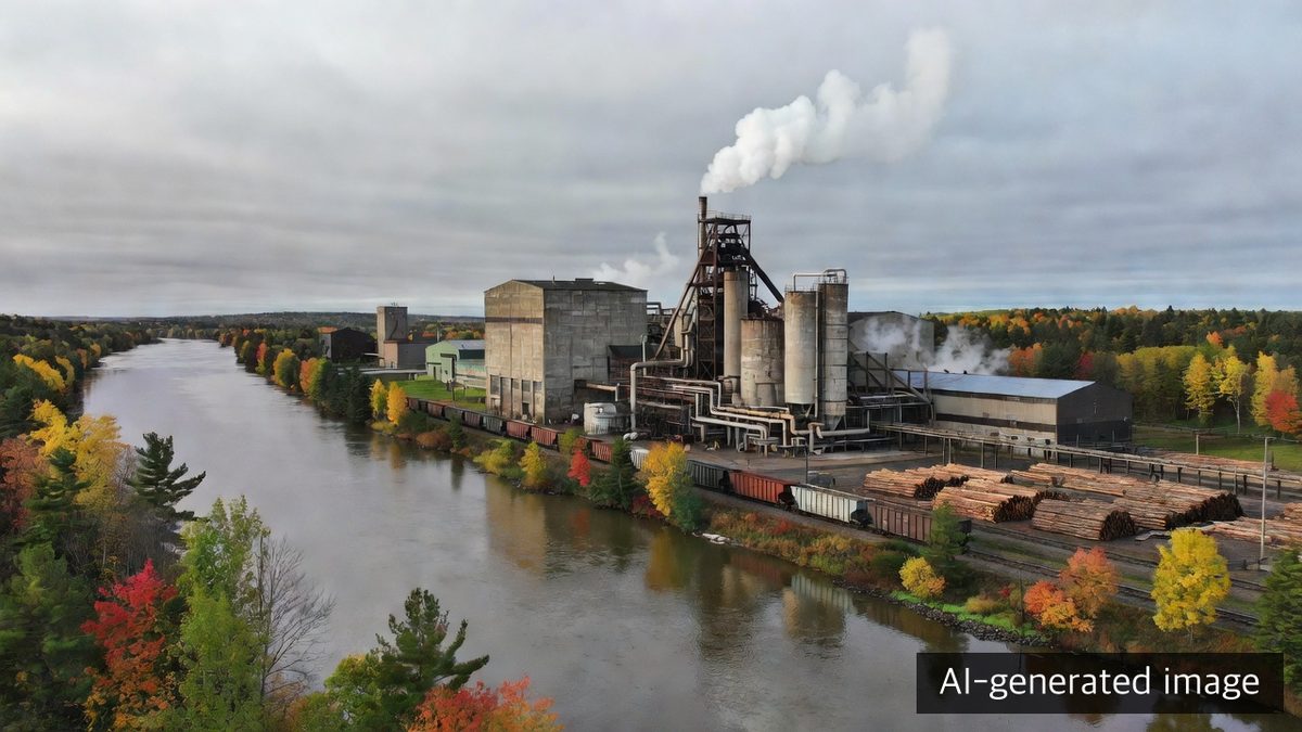 AI-generated illustration of a generic Canadian riverside pulp mill, not a photograph of the Nackawic facility