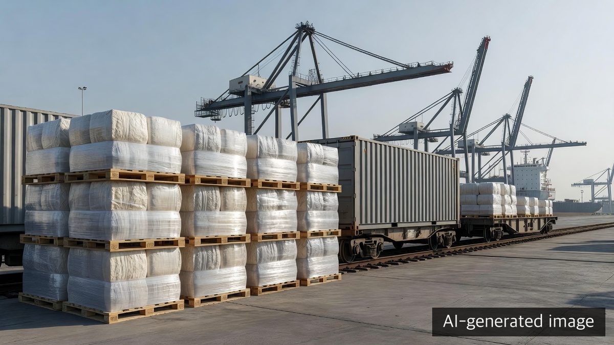 AI-generated illustration of generic port and rail logistics used to connect quality-released pulp inventory to transport evidence