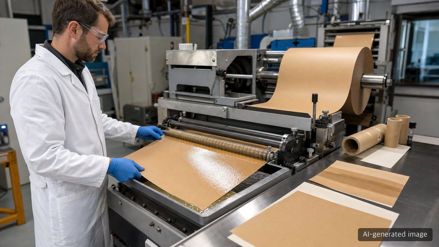 A researcher checking coat application on a paper-coating pilot machine