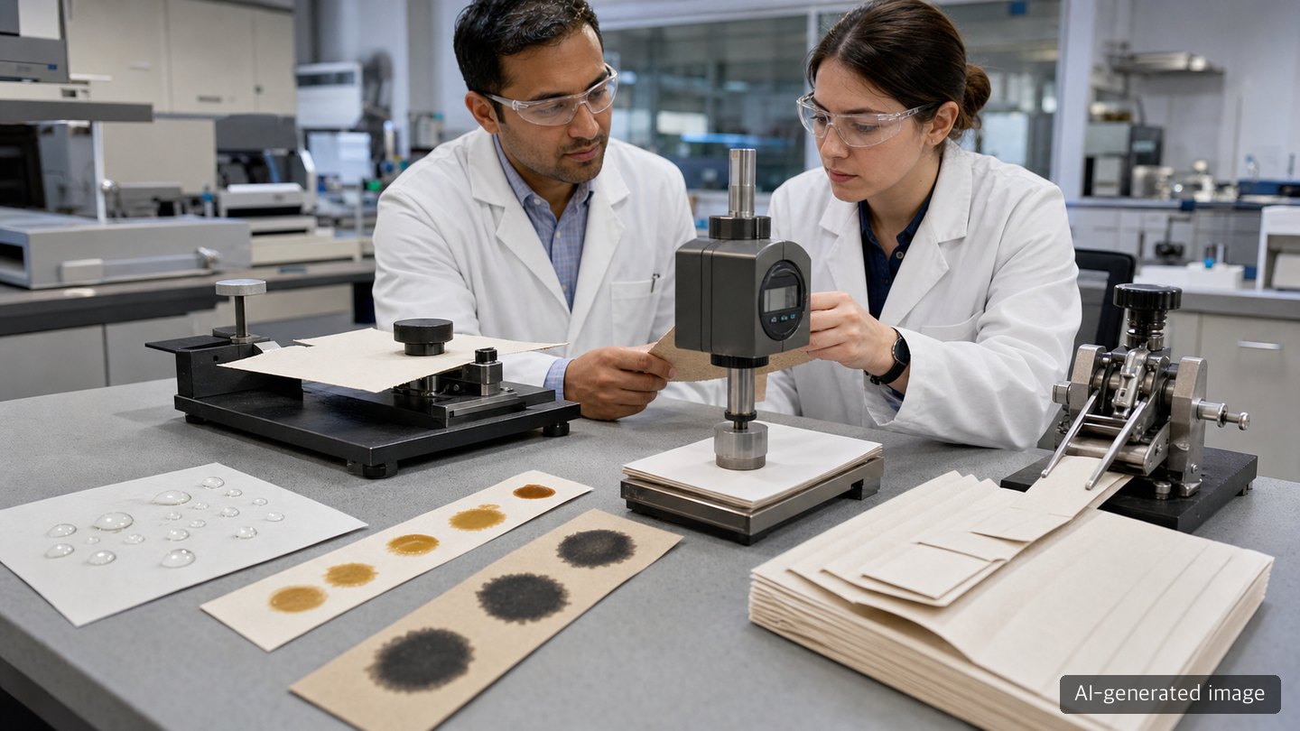 Quality testing of coated paper for water and oil resistance, thickness and fold condition