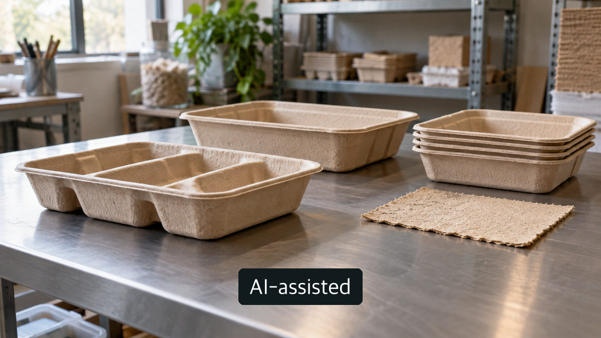 AI-generated conceptual image: Unmarked molded-fiber trays and fiber swatch on a generic workshop table; not a photograph of Nanu's plant or units No. 4 or 5