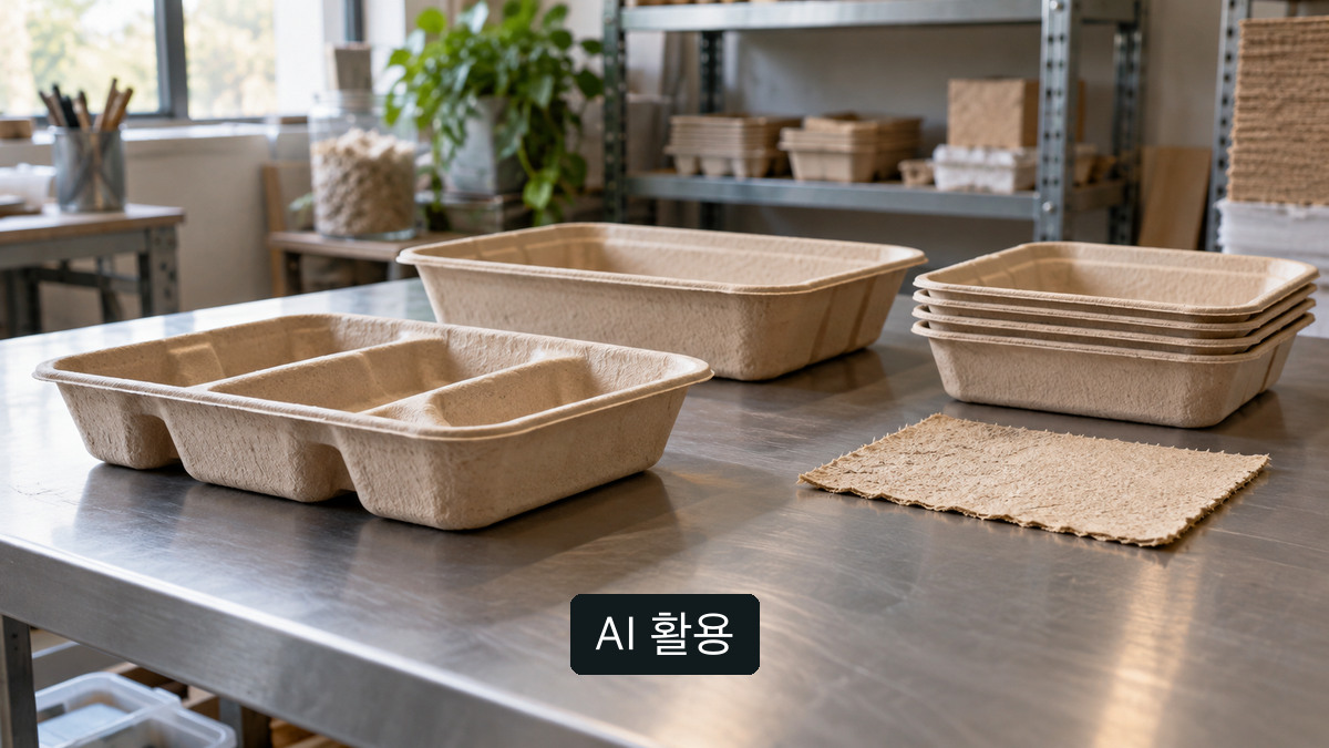 AI 생성 개념 이미지: 일반적인 작업대 위에 놓인 무표기 펄프몰드 트레이와 섬유 시료. 나누 공장이나 4·5호기 사진이 아님