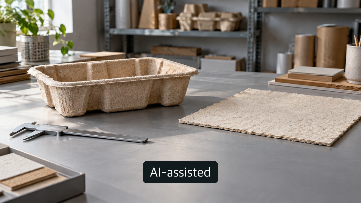 AI-generated conceptual image: Generic molded-fiber tray, fiber sample and resting caliper on an inspection table; no measured results or test of Nanu equipment shown
