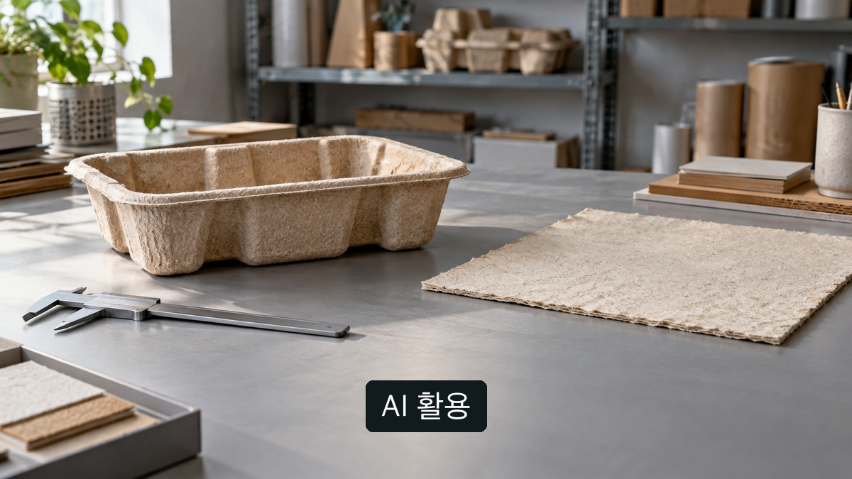AI 생성 개념 이미지: 작업대 위에 놓인 일반적인 펄프몰드 트레이, 섬유 시료와 캘리퍼; 측정값이나 나누의 설비 시험을 보여주지 않음