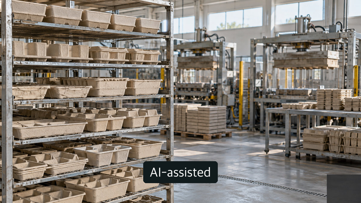 AI-generated conceptual image of generic racks holding unmarked molded-fiber trays; not Nanu&rsquo;s equipment or an operating fifth line