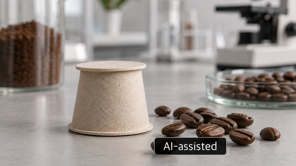AI-generated conceptual image of an unmarked molded-fiber capsule-shaped sample beside coffee beans; not a Nespresso product or test result